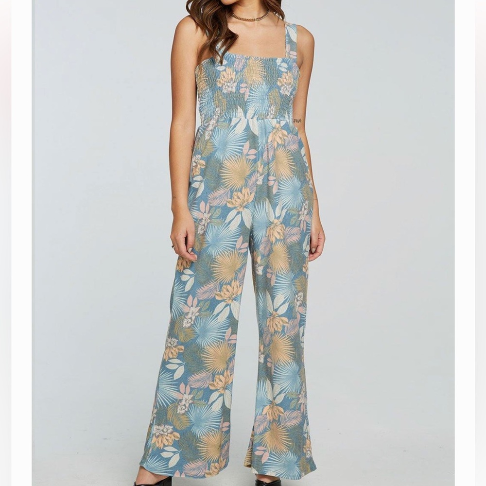 Chaser Smocked wide leg terry cloth jumpsuit